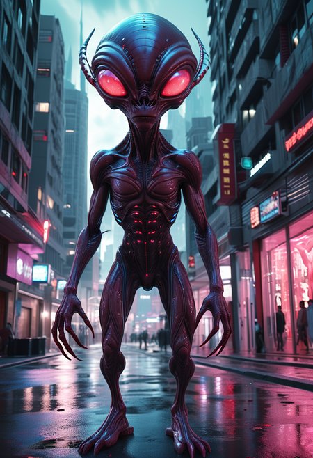 (medium full shot) of (mesmerizing alien) with deep crimson rubbery skin, bioluminescent patterns, gelatinous body, compound heterochromia eyes, bioluminescent antennae, insect-like legs, spines along back, set in  a utopian futuristic city, with sleek architecture, clean streets, a sense of harmony, during an alien storm, ,Masterpiece,best quality, raw photo, realistic, very aesthetic