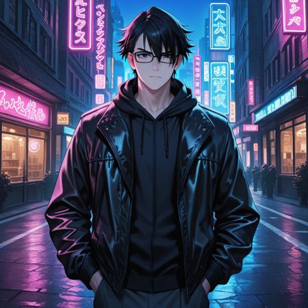 masterpiece, best quality, amazing quality, absurdres, newest, detailed background, definition so sharp, Ultra-HD, 8K cinematic, very awa, impressionate, amazing quality, highres, 
solo, male focus, manly, 
saruhikofushimi, saruhiko_black hair, saruhiko_black eyes, 1boy, short hair, glasses, stylish jacket, standing, hands in pockets, city street, night, neon lights, cool colors, confident, stylish, slightly intimidating, charming