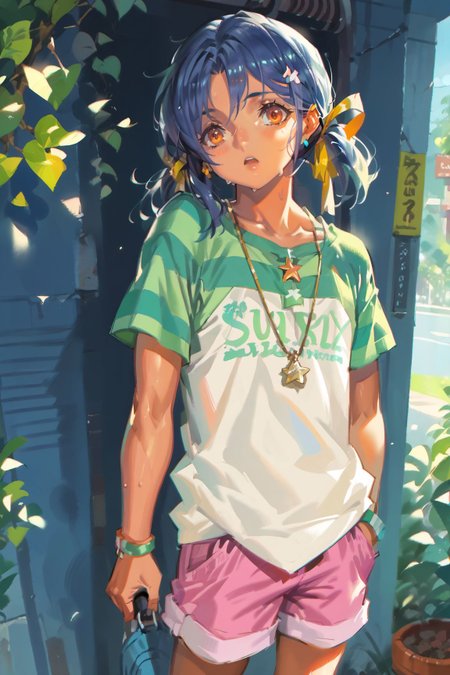 score_9, score_8_up, score_7_up, score_6_up, source_anime, alphonsestyle, line art,
<lora:sunohara-mei-xl:0.7> sunohara mei, green striped shoulder t-shirt, pink shorts, blue hair, orange eyes,
 <lora:Anime Summer Days Style SDXL_LoRA_Pony Diffusion V6 XL:0.5>