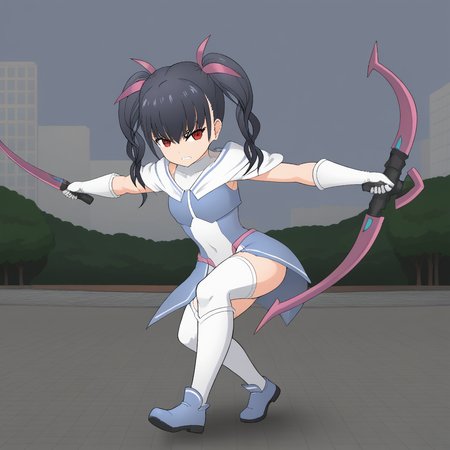 1girl, solo,rurikamgbr, magical girl, red eyes, twintails, hair ribbon, dynamic pose, holding bow_(weapon), clenched teeth, serious, outdoors, city