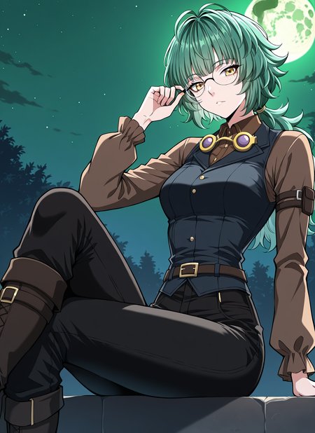 <lora:Emily_Watsken__The_Beginning_After_the_End__Illustrious:1>
1 girl, solo, yellow eyes, green hair, ahoge, low ponytail, bangs, long hair, messy hair, freckles, black pants, knee boots, brown shirt, long sleeves, collared shirt, glasses, round eyewear, belt, 
(Anime_source),Masterpiece,(perfect female body:1.2), small waist,(incredibly detailed:1.4), slim, parted lips, looking at viewer, sitting, crossed legs, night, green moon, greenish sky,
