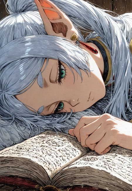 masterpiece, best quality, 
1boy, frieren, close up, looking at viewer, color sketch,
rough sketch, traditional media, linear hatching, reading, grimoire, sleeping