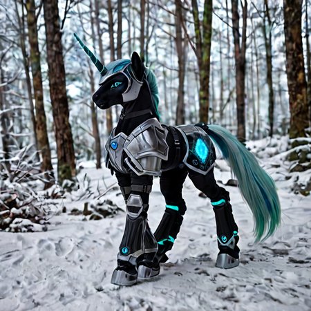 Hybrid unicorn with crystalline armor walking through a glowing, futuristic forest"
An elegant and mystical unicorn infused with sci-fi elements, its crystal-like armor reflecting the vibrant hues of a neon forest in the future.