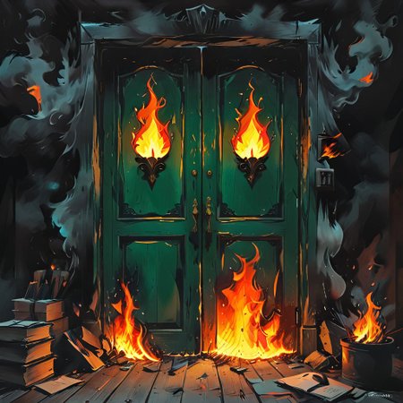 <lora:flame silhouette:1>,  <lora:flame:1>, flame,
burning office green door,
graphic style of novel comics, perfect hands, 2d,
8k, hyperrealism, masterpiece, high resolution, best quality, ultra-detailed, super realistic, Hyperrealistic art, high-quality, ultra high res, highest detailed, lot of details, Extremely high-resolution details, incredibly lifelike, colourful, soft cinematic light,