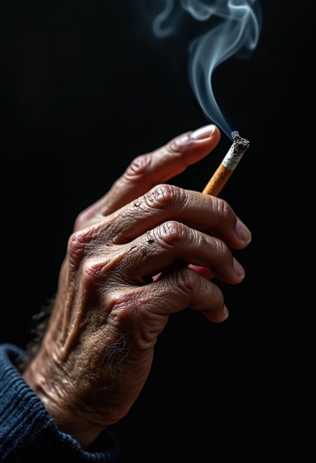 A high-resolution photograph captures the deeply textured and weathered hand of a 100-year-old man, gracefully holding a cigarette. The hand, adorned with pronounced veins and age spots, exudes a sense of history and character. The skin is thin and slightly translucent, revealing the underlying structure and years of wear.
The hand is relaxed, with fingers naturally curved, except for the two fingers holding the cigarette—index and middle—deftly maintaining a gentle grip. The cigarette itself is slightly worn, with a long, delicate ash extending from the tip, suggesting it has been idle for an extended period. Wisps of smoke curl gracefully upward from the lit end, creating a soft, ethereal contrast against the dark background.
The dark background serves to highlight the hand and cigarette, casting subtle shadows that emphasize the hand's intricate details and texture. The lighting is soft and focused, illuminating the hand and cigarette while leaving the surrounding area in gentle darkness, adding to the image's contemplative and serene atmosphere.
The overall composition captures a moment of quiet introspection, with the aged hand and idle cigarette telling a story of time, experience, and perhaps a lifetime of habits and memories. The delicate smoke and long ash add to the sense of stillness and patience, making the image both poignant and visually striking.