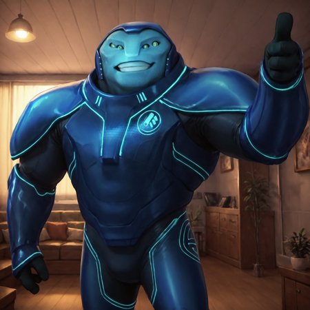 safe_pos, Score_9, score_8, score_7, score_6_up, uncensored, (v-vex-alien, solo, male, 1boy, alien, blue skin, multiple eyes, three fingers, glowing accents, broad shoulders, bodysuit, armor, helmet, neon trim) thumbs up, interior background, living room, smiling, arms up, friendly,