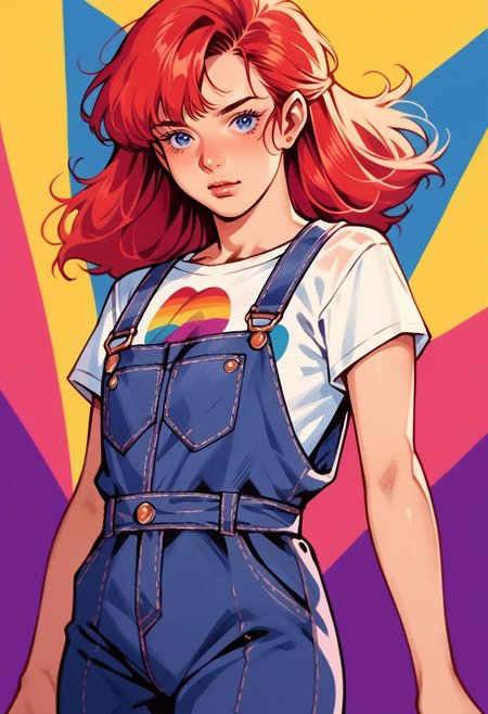 score_9, score_8_up, score_7_up, score_6_up, score_5_up, score_4_up, source_manga, 1girl, human, red hair, blue eyes,
shirt, overalls,
hud_jem_boxart, colorful retro artstyle, colorful background, neon,
Chucky,
