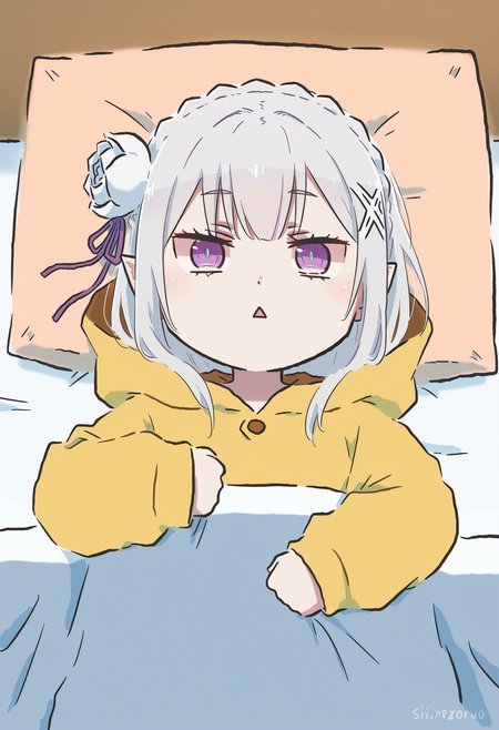 masterpiece,best quality,high resolution,source_anime,highly detailed illustration,
seductive, detailed eyes, very aesthetic,absurdres,newest, amazing quality,
detailed eyes, absurdres,newest, amazing quality,
<lora:shiXinzoroV1ill:1.0>, shixinzoruo,  chibi,
1girl, solo,
<lora:shiEmiliaV12ill:0.9>,  shimilia, long hair, grey hair, purple eyes, pointy ears, crown braid, hair flower, hair ribbon, purple ribbon, x hair ornament,
looking at viewer, tired, on back, under covers, pillow, blanket, half-closed eyes, 
indoords, bed,   pikachu \(cosplay\), onesie, 
triangle mouth,