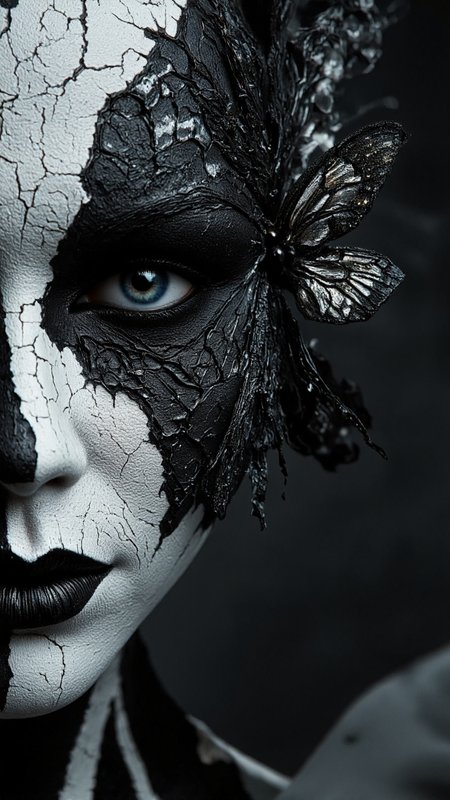 highly detailed, gothic-style photograph of a person's face, focusing on the left side. The subject's skin is painted in a cracked, white texture, resembling dry, weathered plaster. The facial features are starkly defined with black lines, creating a skeleton-like appearance. The person's left eye is covered by a black, intricate mask that resembles a butterfly wing, with a delicate butterfly perched on the mask's edge. The mask extends over the person's forehead and down the cheek, blending seamlessly into the cracked plaster. The right eye is visible, with a piercing, intense gaze. The background is a dark, smoky gray, adding a sense of mystery and drama. The texture of the cracked plaster contrasts sharply with the smooth, dark mask, creating a visually striking and eerie effect. The overall mood of the image is dark and haunting, with an emphasis on the juxtaposition of the natural and the artificial, the organic and the inorganic. The photograph is highly detailed, with a focus on texture and contrast, making it a compelling piece of art within the gothic and horror genres.,aidmaimageupgrader, aidmaMJ6.1 <lora:aidmaMJ6.1-FLUX-v0.5:0.7> <lora:aidmaImageUprader-FLUX-v0.3:0.4>