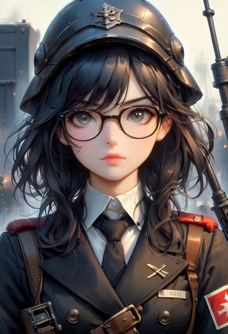 FFROA, 1girl, a soldier, victorian rifle, perfect face, black gloves, iron helmet, ss uniforms, black messy hair, spy, glasses,