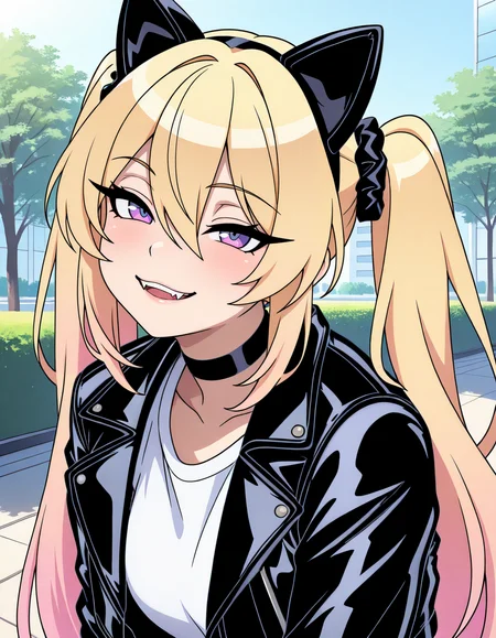 masterpiece, best quality, very aesthetic, absurdres,
outdoors, 
upper body, posing, face focus, fake animal ears, 
t-shirt, leather jacket, 
seductive smile, parted lips, long eyelashes, fangs, 
<lora:Tapioca_v01_ILXL:1>
Tapioca,1girl,solo,long hair,blonde hair,black scrunchie,hair ornament,hair between eyes,twintails,very long hair,bangs,purple eyes,black choker,