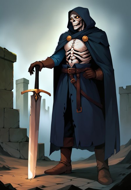 safe_pos, score_9, score_8_up, score_7_up, BREAK, source_anime, zPDXL3, NEGATIVE_HANDS, pathfinder portrait, undead, skeleton, death knight, black, armor, hood, belt, gloves, boots, cape, one-hand-hilt, hand on hilt, holding sword, planted sword, horror, ruins, aura, emphasized-details