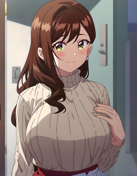 <lora:pony_xl_minami:0.9>,minami,score_9,score_8_up,score_7_up,source_anime,1girl,solo,long hair,white shirt,ribbed sweater,striped,red skirt,long skirt,earrings,smile,:d,blush,indoors,hand on own chest,upper_body,front view,looking_at_viewer,