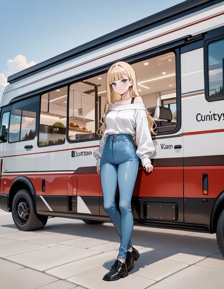 score_9, score_8_up, score_7_up, anime, solo, 1girl, one girl, 
long hair, tucked behind ear, blunt bangs, blonde Hair, blue eyes, feature large highlight, model, 
Princess, oversize white sweater, off shoulder, blue jeans, 
general,
<lora:motorhome:0.8>, motorhome, 
motor vehicle, vehicle appearance, luxury camper van, outdoors,
 (masterpiece:1.3), best quality, high resolution, unity 8k wallpaper, (illustration:1.2), 8K,