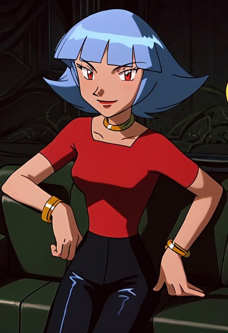 score_9, score_8_up, score_8, (curvy), eyelashes, (beautiful eyes), ,
oakley, female, blue hair, short hair, red eyes, outfit2, red shirt, short sleeves, black pants, standing, hand on hip, posing, wristband, neck ring, looking at viewer, medium breast,
  seductive smile, smile, looking at viewer, couch, sitting,  shiny skin, cowboy shot
