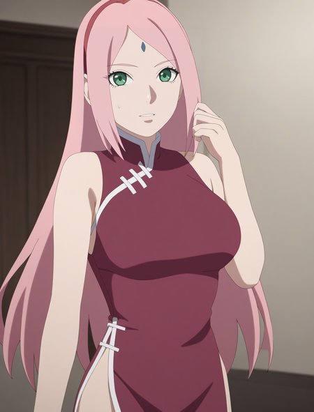best quality,masterpiece,highres,absurdres,1girl,solo,newest,rating: rating: general,  <lora:Boruto_Sakura_XL-step00001000:0.9> ,(boruto_sakura_xl, long hair, pink hair, haruno sakura, green eyes,red hairband),looking at viewer, cowboy shot,china_dress,