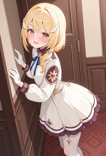 highres, best quality, masterpiece, indoors,
1girl, solo, pcrclear, blonde hair, brown eyes,
kuriadef, wing hair ornament, low ponytail, white dress, blue ribbon, long sleeves, gloves, white pantyhose, pantyhose cutout,
looking at viewer, blush, smile,
standing, from side, open mouth, 
<lora:_clear_pcr-elesico-ilxl-000014:1>