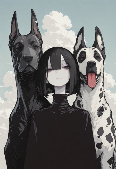 1girl, solo, black hair, bob cut, hair between eyes, solid black eyes, detailed eyes, looking to the side, mole under eye, expressionless, looking to the side, closed mouth,pale skin, black turtle neck, animal focus, dog, Great Dane, head on shoulder, tongue out, whimsical dog, straight on, spotted fur, pale blue sky, clouds, close up, chromatic aberration,minimalsim, no lineart, no outline, blending, flat color,15546+456868, r17329_illu,S4bit4mago_illu
