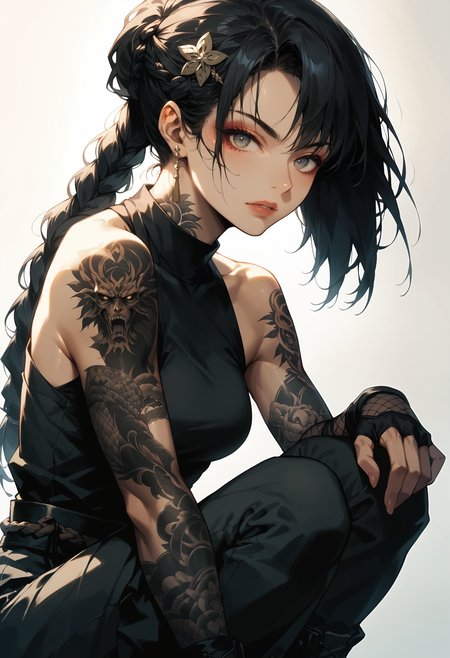 score_9, score_8_up, score_7_up, score_6_up, score_5_up, score_4_up, (masterpiece, best quality, high quality, highres, ultra-detailed), source_anime, 1girl, solo, ninja, halter top, fishnet sleeves, black hair, long hair, braid, hair ornament, squatting, arms on knees, dynamic pose, dutch angle, soft focus, detailed eyes, <lora:Sinozick_Style_XL_Pony:0.1> sinozick style, flat color, dark theme, <lora:jym-r4t:0.1> <lora:t4tsXLP:0.1> tattoos, tattoo,
