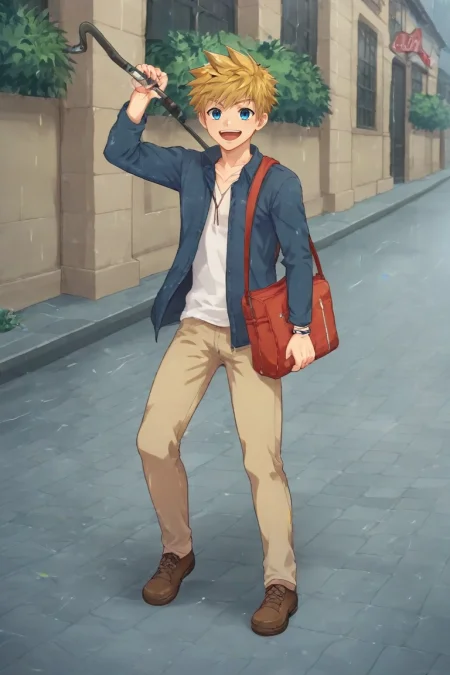 score_9, score_8_up, score_7_up, , rating_safe, intricate details, anime screencap, , official style, , depth of field, 1boy, solo, male focus, <lora:connor_bleufin_pony:0.94>, connor_bleufin, blonde hair, blue eyes, short hair, spiked hair, , , cobblestone street, rain, window, clock tower, running, evening, holding umbrella, laughing, , <lora:sdxl_lightning_8step_lora:1>