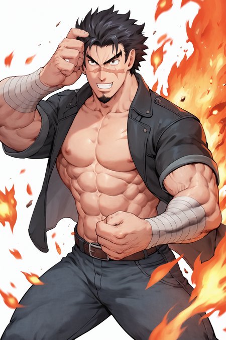 score_9, score_8_up, score_7_up, score_6_up, score_5_up, score_4_up,  (fighting), 1boy, male focus, solo, muscular, aura, bandages, pants, manly, muscular male, teeth, belt, open clothes, clenched teeth, style parody, veins, facial hair, black hair, pectorals, bandaged arm, fighting stance, fire background, abs, jacket, scar, 
 <lora:matsuena_shun_style:1>