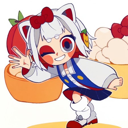 score_9, score_8_up, score_7_up BREAK HKGrl, 1girl, white hair, white bob cut, red gray eyes, pink cheeks, red hair bow, apple hairclips, white red cat ears, open white blue red yellow-button jacket, white buttoned undershirt, pleated dark blue skirt, long loose socks, red white shoes, full body, closed smile, winking at viewer,