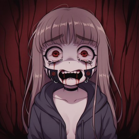 Paula,1girl,Brown hair,choker,bangs, hoodie,Long hair
Half-body, Paula removing her mask, revealing her mouth and full face, watery eyes, tears. Broken mouth, bloody mouth, broken teeth, missing teeth, cut cheeks, broken lips, missing lips, gore. Intense background, black and red, shock, despair, despairing, depressing, and crazy atmosphere.