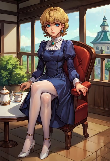score_9, score_8_up, score_7_up, source_anime,
, (best quality) , (highly detailed) ,masterpiece ,absurdres ,detailed face ,beautiful face ,
<lora:pony_xl_Hildegard:0.8>,Hildegard,score_9,score_8_up,1girl,female,kawaii,solo,short hair,earrings blond hair, wavy hair
dress, big skirt, (white pantyhose), heels, (tea table, holding teacup, tea pot), sitting, crossed legs, pov, from above,
best quality, masterpiece, very aesthetic, ,,
OverallDetail