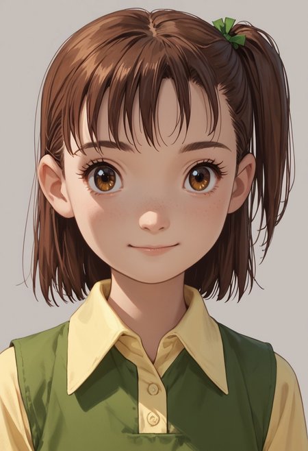 score_9, score_8_up, score_7_up, score_6_up, score_5_up, score_4_up, JeriKatou, 1girl, solo, brown hair, side ponytail, brown eyes, light smile, portrait,  green dress, yellow collared shirt,