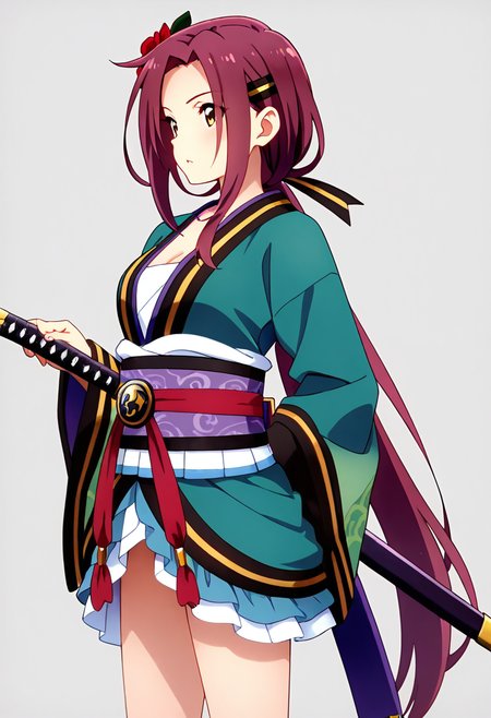 <lora:ruka_IXL-10:0.7> 1girl,tachiarairuka,red hair,hairclip,red hair flower,rukadefaultoutfit, cowboy shot,sheath, 
best quality,masterpiece