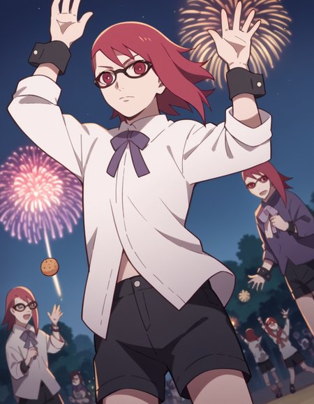 score_9, score_8_up, score_7_up, source_anime, <lora:karin-uzumaki-boruto-anime-ponyxl-lora-nochekaiser_r1:1>, karin uzumaki, red eyes, red hair, glasses,, shirt, shorts, wrist cuffs, black shorts, long sleeves,, festival, fireworks, summer night, food stall, traditional, arms up,, , , hand waving, solo,, cowboy shot, dutch angle