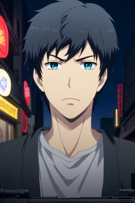 high resolution, solo, best quality, 1Boy, Arata Kaizaki, Portrait, Black Hair, Blue Eyes, portrait, midnight, dim street lights, mysterious, threatening, gun, aiming the gun to the viewer, OverallDetail