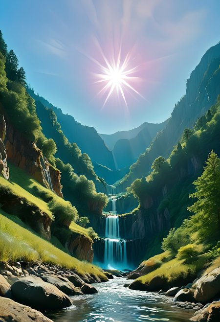 Stable_Yogis_PDXL_Positives, 
A sprawling valley of cascading waterfalls cutting through layered sandstone cliffs, viewed from a sweeping aerial perspective that reveals turquoise plunge pools and winding river networks. Golden-hour sunlight pierces mist rising from thunderous falls, illuminating intricate textures of water-smoothed rock strata and vibrant moss colonies clinging to vertical surfaces. Close-up details of fern fronds trembling in the perpetual spray, their fractal patterns echoed in the dendritic river deltas below. Low-angle shots framing monolithic cliff faces against swirling cloud formations, while tracking perspectives follow ibex traversing narrow ledges above abyssal gorges. Ultra-detailed 8k rendering captures every water droplet in mid-air suspension and crystalline reflections in ancient rockpools. A symphony of emerald, amber, and sapphire hues created by mineral-rich waters, lichen communities, and twilight's deepening azure gradients across the canyon's stratified geology.