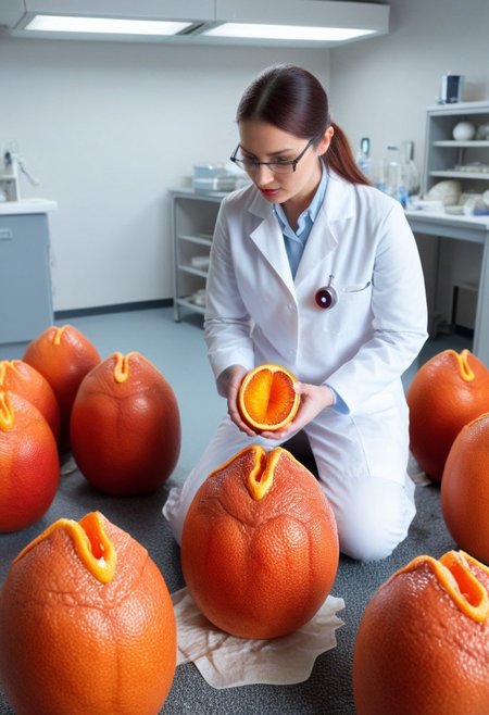 blood orange style, xenoegg, view of a group of hatched xenoeggs, xenoeggs made of orange peel, horror theme, green light, space station interior, foggy ground, beautifully lit,
Female Doctor in lab coat inspecting eggs