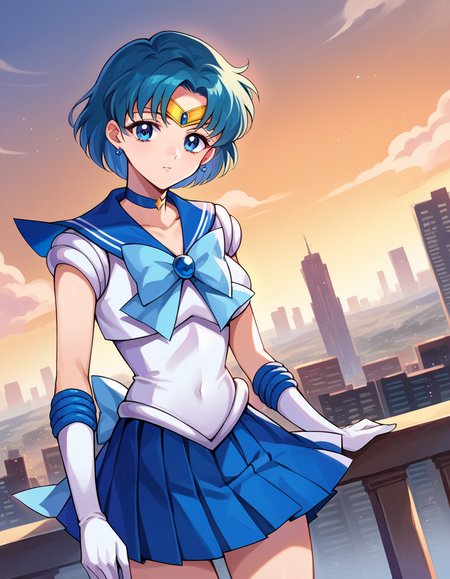 score_9, score_8_up, score_7_up, source_anime,
sailormercury, <lora:sailor-mercury-ponyxl-lora-nochekaiser:1>
sailor mercury, blue eyes, blue hair, short hair, parted bangs,
back bow, blue bow, blue choker, blue sailor collar, blue skirt, bow, choker, earrings, gloves, jewelry, magical girl, miniskirt, pleated skirt, sailor collar, sailor senshi uniform, skirt, stud earrings, tiara, sleeveless,
outdoors, cityscape,
looking at viewer, cowboy shot, dutch angle,
