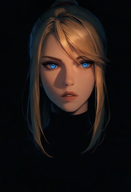 1girl, samus aran, solo, dark, light, the light illuminates part of the face, masterpiece, best quality, very aesthetic, close up,  parted lips