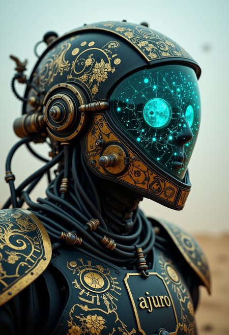 cpstyle01, A highly detailed, photorealistic close-up portrait of a futuristic humanoid figure standing in a vast, bleached desert. The background is blurred, with swirling dust and endless, arid sand dunes stretching into the distance. The stark, pale light of the wasteland casts an almost otherworldly glow on the character’s intricate armor.
The figure’s helmet is a striking fusion of ancient Egyptian motifs and high-tech, alien aesthetics. Dark metallic bands frame a large, glowing translucent neon multicolored visor, which radiates an intricate, shifting spectrum of electric blues, magentas, and greens. The visor’s vibrant glow reflects faintly on the figure’s black and gold armor, subtly illuminating engraved hieroglyphic symbols and geometric patterns. The engraved name "ajuro" is etched into the chest plate in a stylized, Egyptian-inspired font.
Fine brass and copper tubes snake along the contours of the suit, their design more in line with advanced alien technology than traditional steampunk. The dark metallic surfaces are adorned with delicate, glowing lines that resemble forgotten symbols of an ancient civilization, now intertwined with futuristic cybernetic enhancements.
The figure’s eyes remain hidden behind the radiant, ever-shifting neon visor, adding to the enigmatic, mechanical nature of their presence.