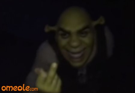An omegle.com webcam taken at night of Shrek in a swamp smiling a very wide, creepy, and extremely uncanny smile. It is dark. Shark is not wearing a shirt middle finger to the camera <lora:lora09.TA_trained:1>