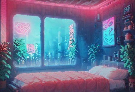 score_9,score_8_up,score_7_up,score_6_up, 
steaming coffee cup on windowsill, plants on the windowsill, wall of plants, monstera plant, large plant, tidy bedrrom, small room, cramped bedroom, teddies on the bed, cyberpunk city view out of the window, neon light, purple neon lights,