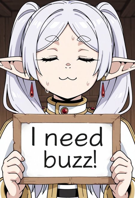 masterpiece,(best quality),highly detailed,ultra-detailed,
1girl, frieren, white hair, elf, closed eyes, :3, need_buzz, holding sign, upper body, close up, sweat
