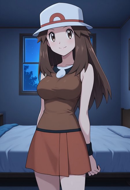 masterpiece, quality,worst, anime screencap,8k,4K, leaf (pokemon),1girl,solo,brown eyes, brown hair, long hair, long hair, hat, brown shirt, sleeveless, wristband, brown skirt, brown socks, brown footwear,large breasts,smile, closed mouth,Interior, room, bed,  dark room, window, night light,cowboy shot,lower body,