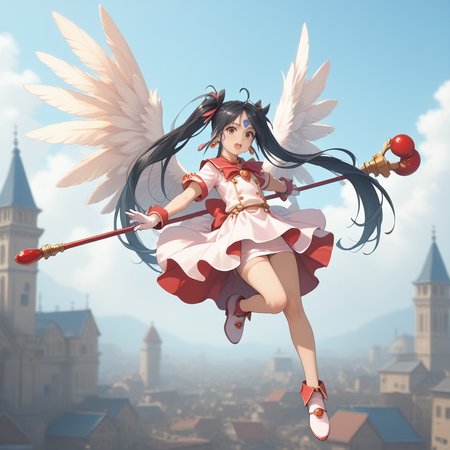 20yo, score_9,score_8_up,score_7_up,score_6_up, shiny oild skin, 
Skuld, open mouth, gloves, twintails, jewelry, full body, :d, earrings, white gloves, magical girl, staff,  castle night jumping dynamic poses On the roof upper body, gigantic angel wings, 
 <lora:Skuld:0.85> <lora:zy_Detailed_Backgrounds_v1:2>