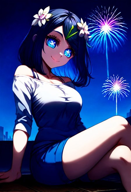 score_9, score_8_up, score_7_up,source_anime, jvdaniang, planet size, 1girl, Liko_(Pokemon), black_hair, blue_eyes, medium_hair, cowlick, hairclip, symbol-shaped pupils, eyelashes, hair flower, shirt, white shirt, collarbone, off shoulder, bra strap, shorts, blue shorts, large breasts, Surreal night scene, stars, sitting, floor, sitting on floor, bend over, crossed legs, looking down, in city, facial expression, kind, smile, head tilt, soft eyes, dreamlike atmosphere, fireworks, glowing edges, mystical, high contrast, ethereal light, side view, gl0w, glow, Extreme Size Difference, gradient eyes, beautiful detailed eyes, high gradient eyes, detailed eyes, high definition eyes, downward view, low-angle of viewer, low angle, left side position, growing even larger,