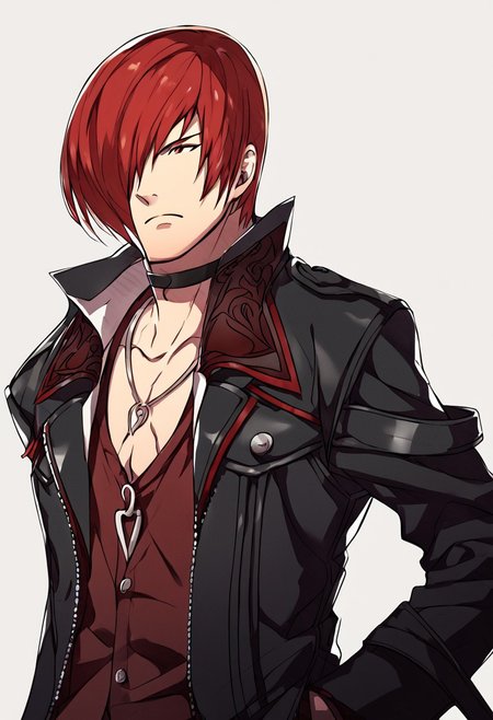 source_anime, <lora:zs_FEGBAPortraitsXL:1> <lora:zs_FatesPortraitsXL:1> fatesportraits, portraits, white background, solo, male focus, 1boy, Iori Yagami, kof, iori_xv, red hair, bangs, red eyes, stern expression, choker, long coat, black coat, leather coat, red shirt, belts, red pants, hand in pocket, necklace, verybadimagenegative_v1.3, score_9, score_8_up, score_8, single view, flat color,