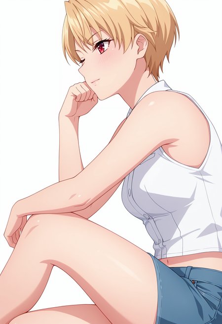 Smooth Quality,masterpiece,very intricate, high quality details, ultra realistic, high detailed skin,detailed enviorement,absurdres,
 <lora:Azuma_Haruki_CNR:0.8> azuma_cnr,blonde hair, short hair, red eyes, midriff, duffle coat,  ,sleeveless shirt, ,denim skirt,  ,, simple background, white background, from side,solo,
one leg crossed over other while seated, elbow on knee, chin on fist  ,, ;),