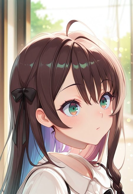 Masterpiece, ultra-detailed, best quality, 8K, illustration, absolutely eye-catching, 
1girl, solo, alina, surreal yet charming visual, long hair, brown hair, ahoge, hair between eyes, brown eyes, hair ornament, resting, cute, 
vibrant colors, aesthetic, portrait, bokeh, disembodied_head_smooth_shoulder,