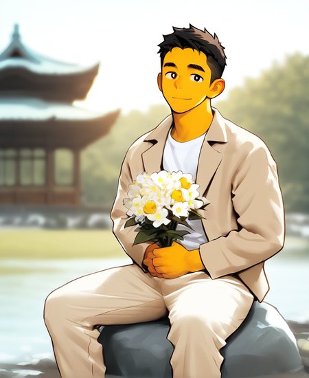 ((source anime)), breeze style, ((anime eyes:1.5, small nose, simple mouth:1.5)), short hair, score_9, score_8_up, score_7_up, Korean, <lora:Expressive_H:1.4>, ((handsome man:1.2, light skin)), (focus male, solo:1.1), masterpiece, best quality, ((1man, 1boy, mature man:1.4)), masterpiece, best quality, amazing quality, 
<lora:Breez_Style_Wv7:1>. breeze style, smile, 
masterpiece, best quality, amazing quality, 1boy, solo, masterpiece, best quality, young man sitting on a rock, relaxed posture, casual outfit (beige jacket, white t-shirt, beige trousers), short dark hair, holding a small bouquet of flowers, slight smile, looking at the camera, outdoor setting, blurred background with architecture, candid lifestyle photography, shallow depth of field, bright and even lighting, sunny day, volumetric lighting,