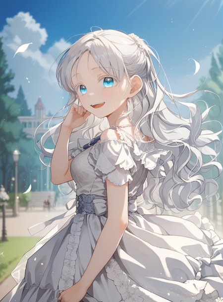 score_9_up, score_8_up, score_7_up, (Anime_source), 1girl,open mouth, in park , looking at viewer, dress, <lora:Aisha_Del_Elmir_-_Into_the_Light_Once_Again:1> aisha del elmir, 1girl, blue eyes, white hair, long hair, medium breasts, white eyeslash, parted bangs, dancing, from behind, grabbing clothes, smile