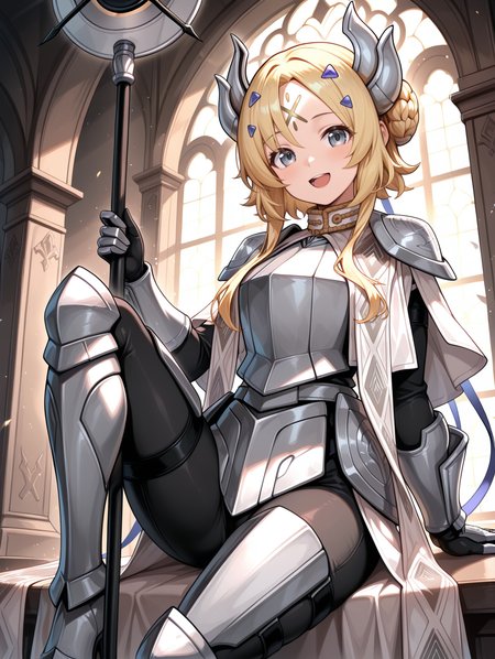 dogmatika ecclesia the virtuous,1girl,solo,open mouth,looking at viewer,staff,holding staff,indoors,castle,white theme,smile,gold forehead mark,blue hairclip,black full bodysuit,blue hair ribbon,silver hair ornament,white cape,knee up,silver armor,silver breastplate,silver shoulder armor,silver armored gloves,white waist cape,silver armored boots,
masterpiece,best quality,amazing quality,very aesthetic,absurdres,newest,<lora:Dogmatika Fleurdelis & Ecclesia the Virtuous illuXL v1:0.75>,