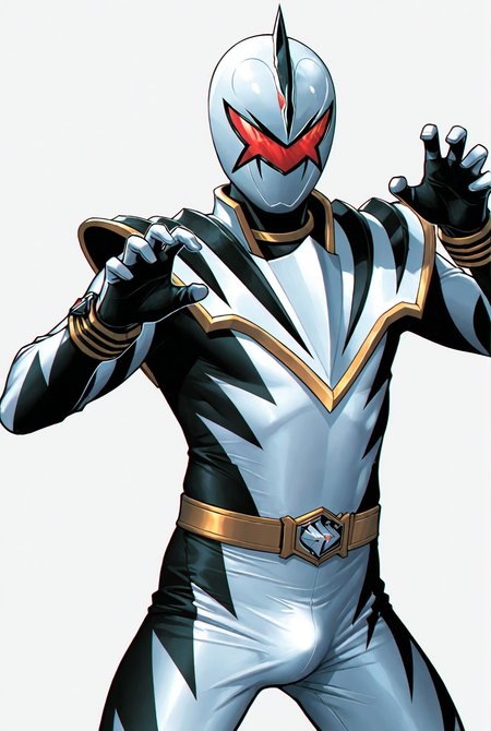 score_9,score_8_up,score_7_up,best quality,ultra-detailed,high resolution,digital painting,8k,1boy,solo,cowboy shot,male focus,detailed face,white bodysuit,helmet,belt,bodysuit,armor,tokusatsu,gloves,mask,d1n0 white,spread legs,claw pose,bulge,looking at viewer,simple background,(white background:1.1),<lora:add-detail-xl:1>,<lora:LYDart StyleIlluLYCO:0.2>,ydart,<lora:Dino Ranger White:0.7>,